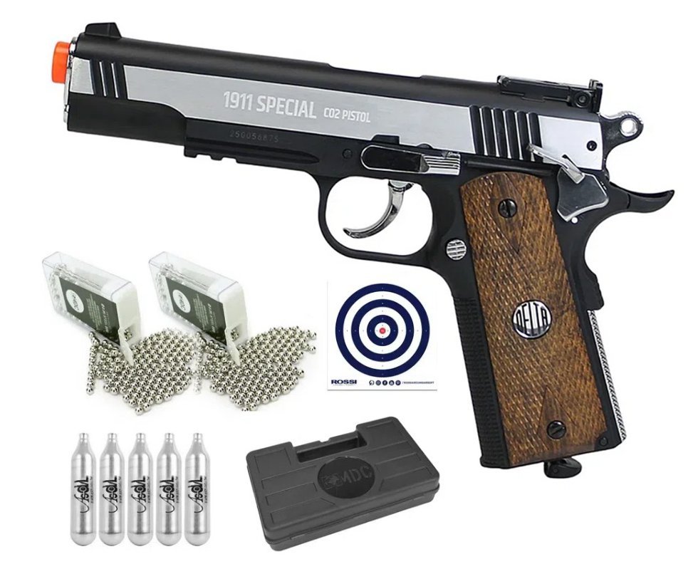 Pistola de Pressão CO2 Colt 1911 Special 4,5mm Rossi Wing Gun + Co2 + Munição + Alvos + Capa/Case