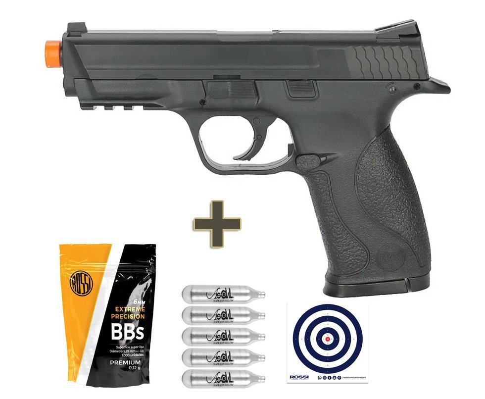 Pistola de Airsoft CO2 S&W MP40 Cal 6mm KWC Rossi + Co2 + BBs + Alvos
