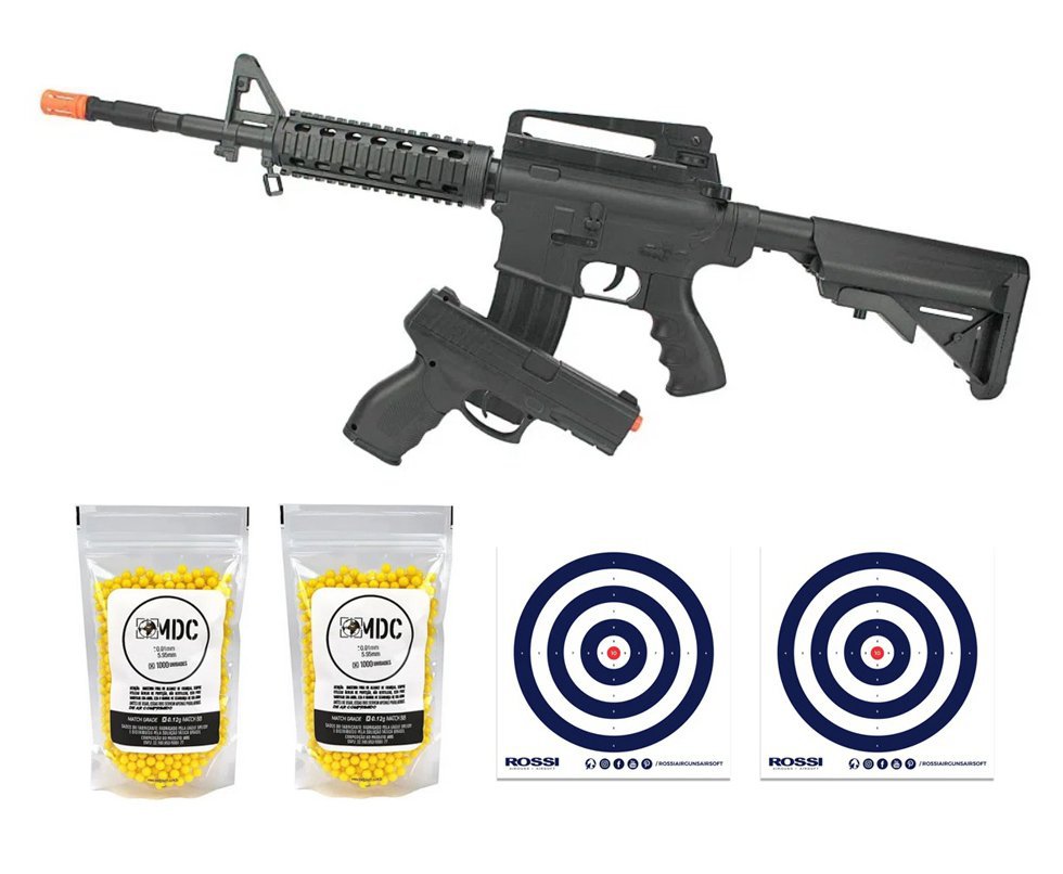 Kit Airsoft com rifle VG M4 RIS + Pistola 24/7 - Spring 6mm Rossi + BBs + Alvo