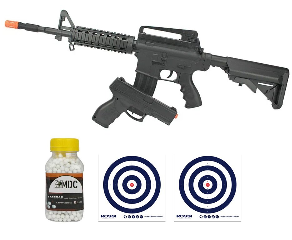 Kit Airsoft com rifle VG M4 RIS + Pistola 24/7 - Spring 6mm Rossi + Premium BBs + Alvos