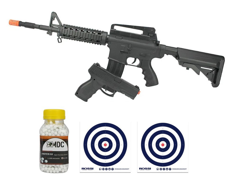 Kit Airsoft com rifle VG M4 RIS + Pistola 24/7 - Spring 6mm Rossi + Premium BBs + Alvos