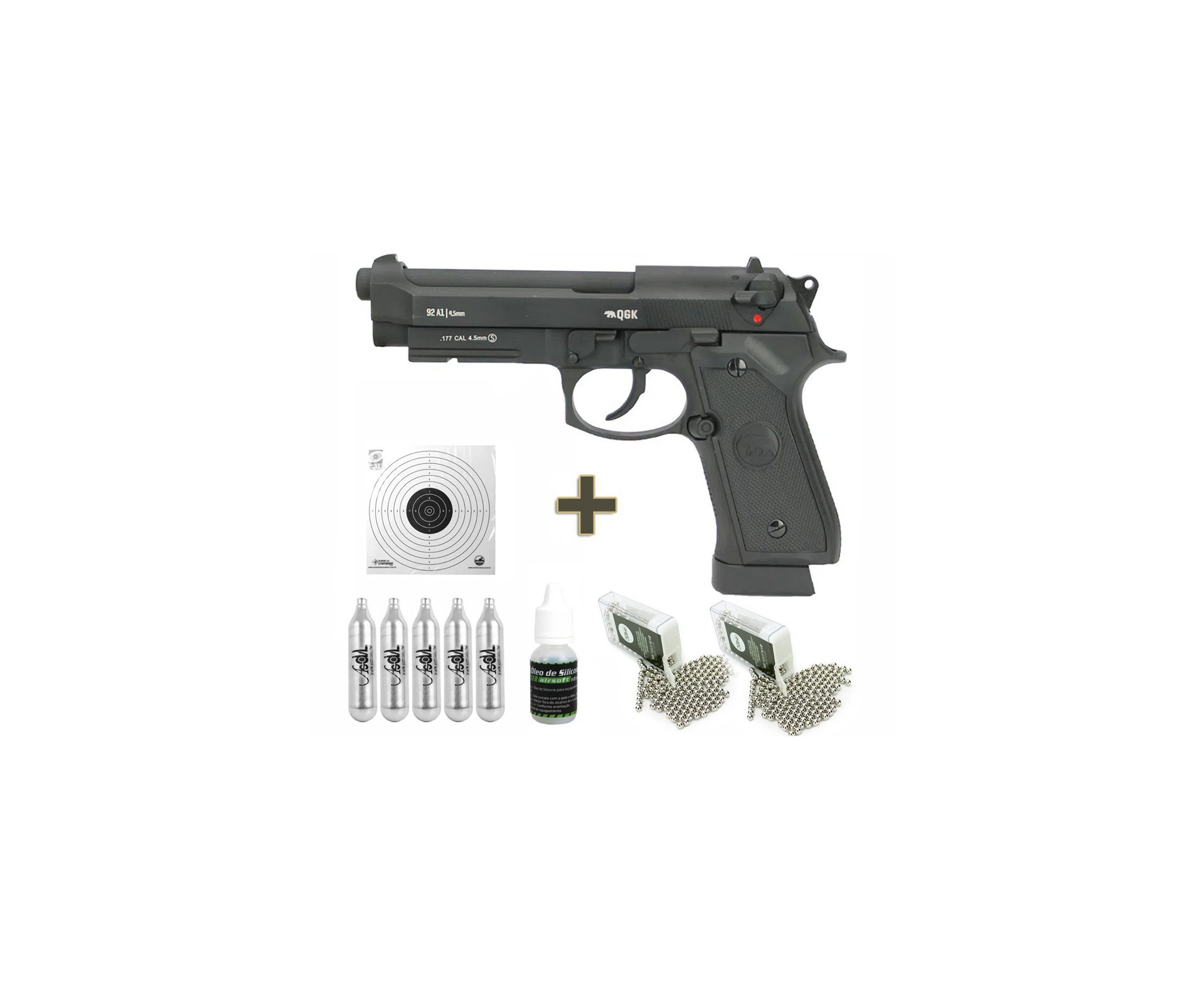 Pistola de Pressão CO2 GBB M92A1 Beretta Full Metal Blowback 4.5mm + Case - QGK + Co2 + Munição + Alvos + Óleo de silicone