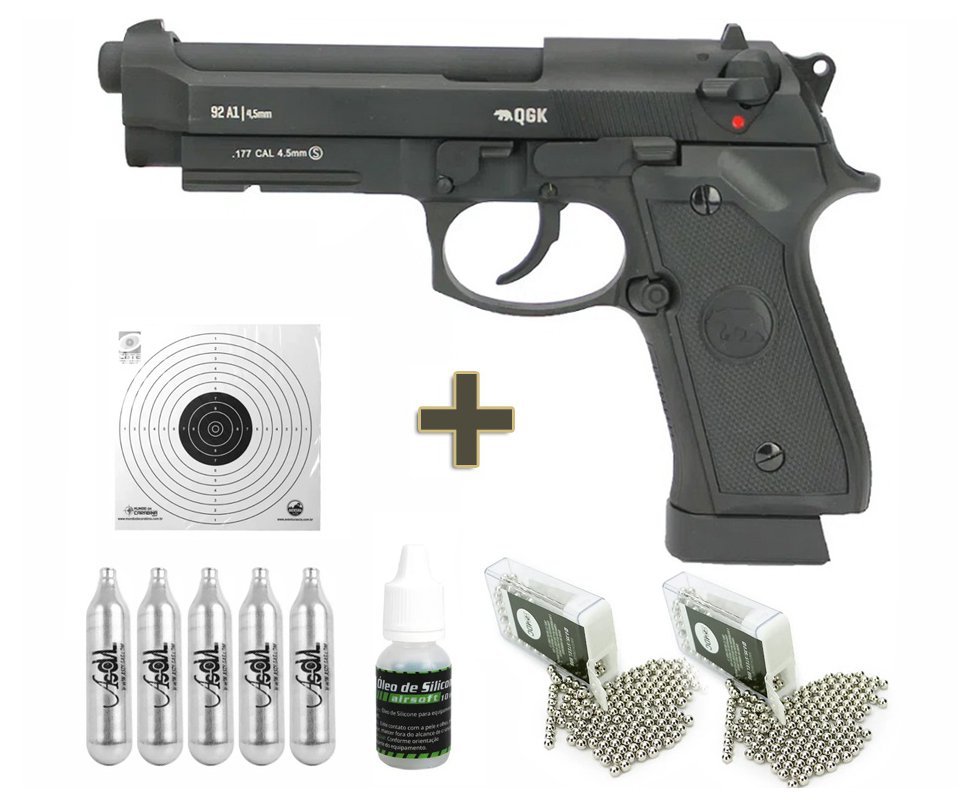 Pistola de Pressão CO2 GBB M92A1 Beretta Full Metal Blowback 4.5mm + Case - QGK + Co2 + Munição + Alvos + Óleo de silicone