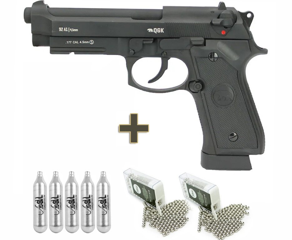 Pistola de Pressão CO2 GBB M92A1 Beretta Full Metal Blowback 4.5mm + Case - QGK + Co2 + Munição