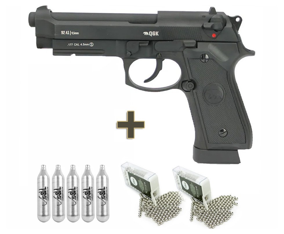 Pistola de Pressão CO2 GBB M92A1 Beretta Full Metal Blowback 4.5mm + Case - QGK + Co2 + Munição
