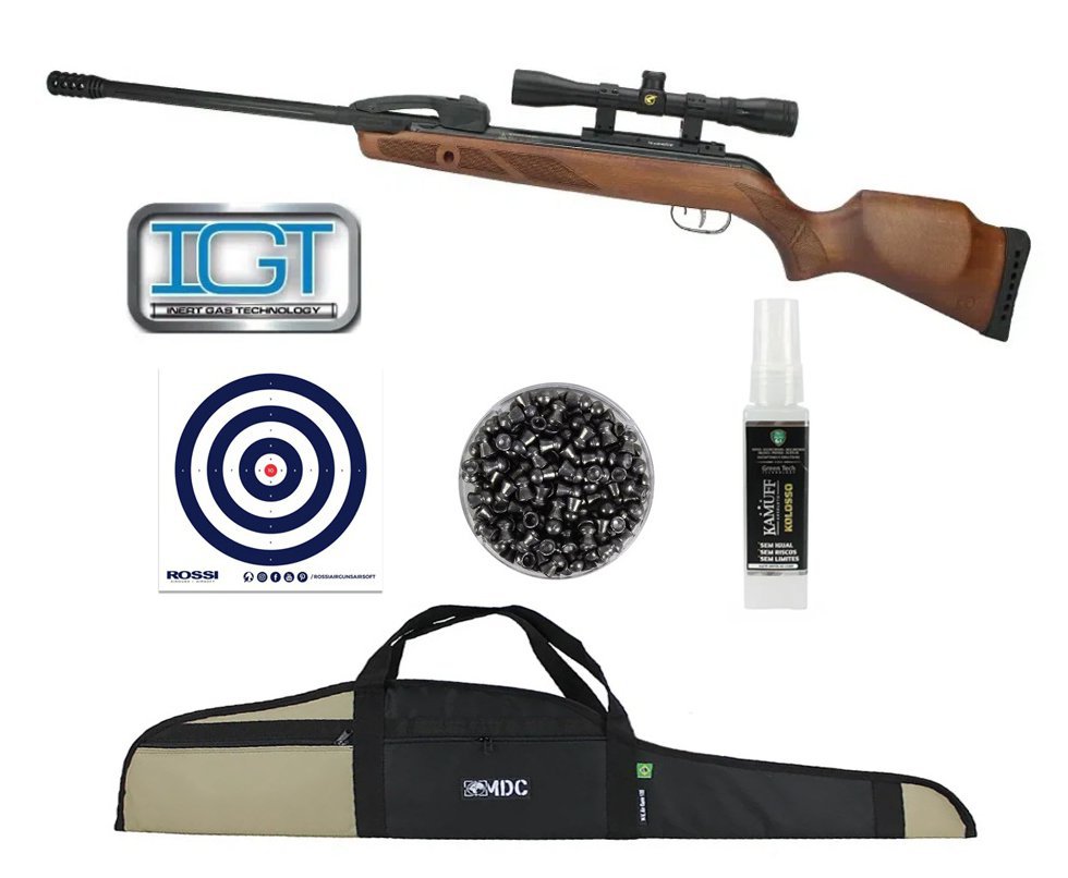 Carabina De Pressão Gamo Fast Shot 10x Tiros Igt Madeira 5,5mm Com Luneta 4x32 Wrh + Capa/Case Premium + Chumbinho + Alvos + Kamuff