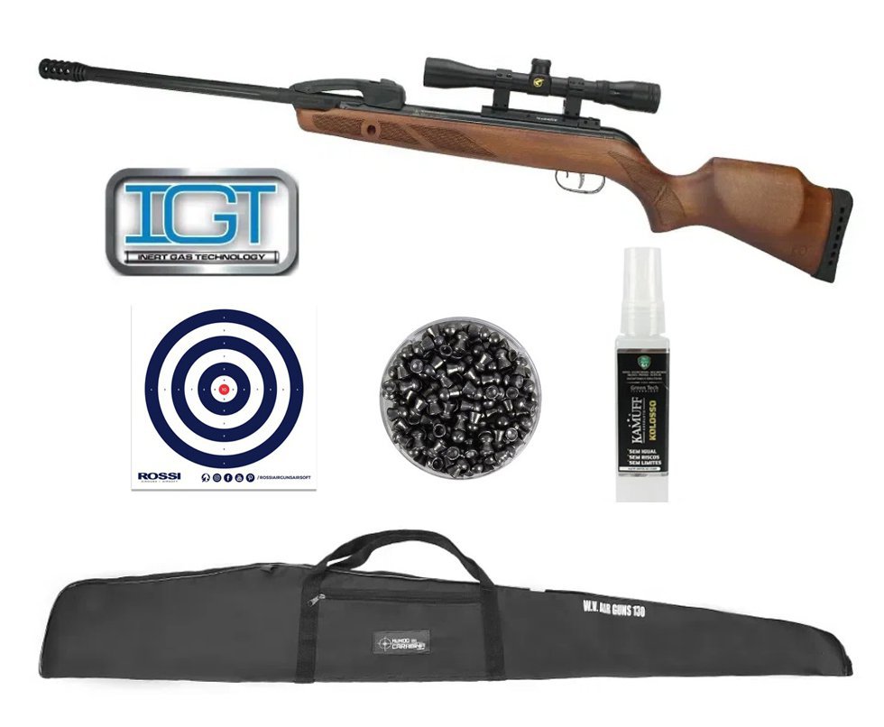 Carabina De Pressão Gamo Fast Shot 10x Tiros Igt Madeira 5,5mm Com Luneta 4x32 Wrh + Capa + Chumbinho + Alvos + Kamuff