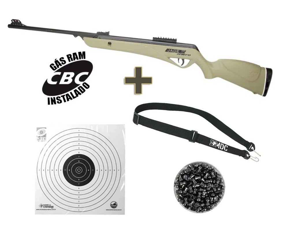 Carabina De Pressão Cbc Jade Pro Nitro Oxidada Tan 4,5mm + Bandoleira + Alvos + Chumbinho