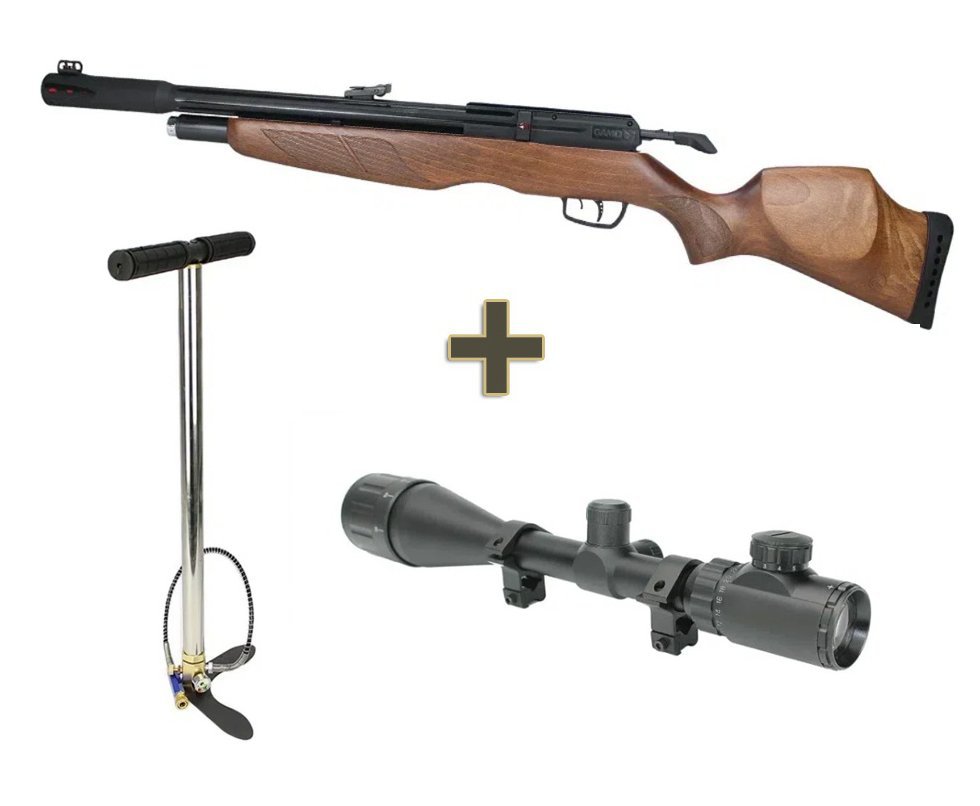 Carabina de Pressão PCP Gamo Riser Madeira 5.5mm + Bomba PCP + Luneta 6-24x50