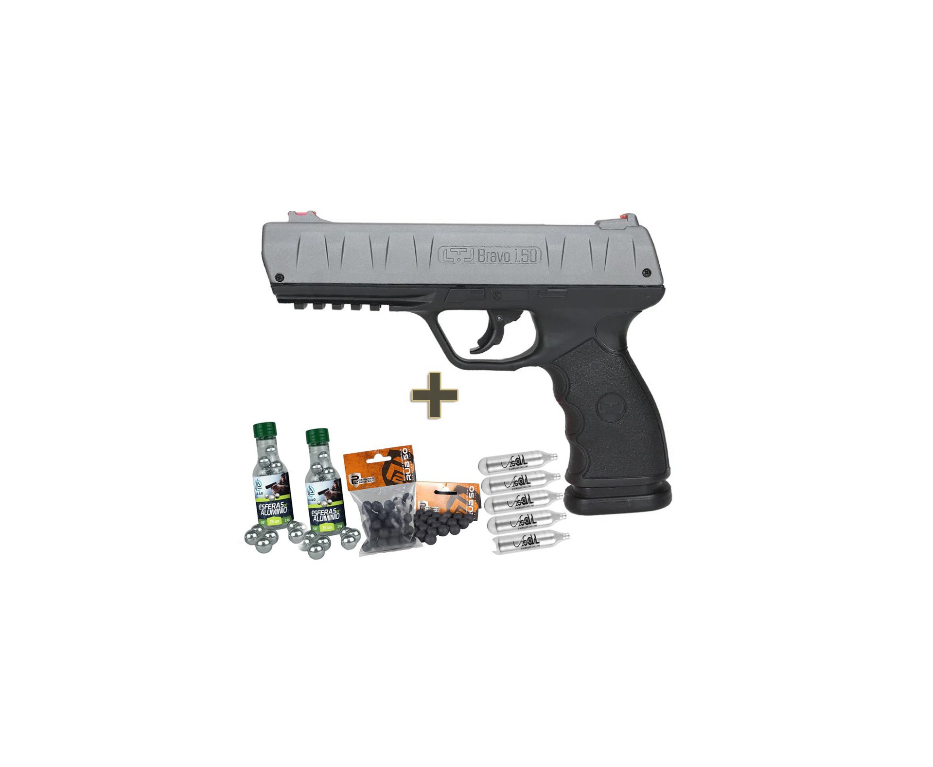 Pistola Pressão CO2 RAM LTL Bravo .50 Metal Slide 19 Joules + CO2 + BBS de aluminio + Esfera de Borracha