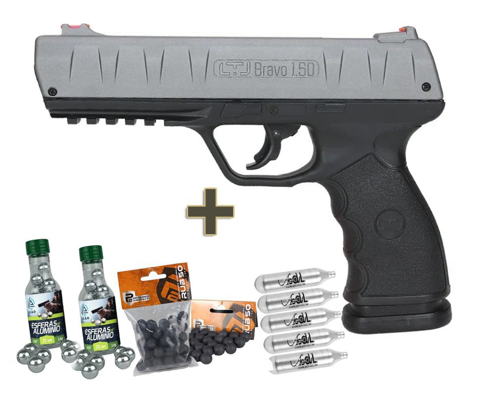 Pistola Pressão CO2 RAM LTL Bravo .50 Metal Slide 19 Joules + CO2 + BBS de aluminio + Esfera de Borracha