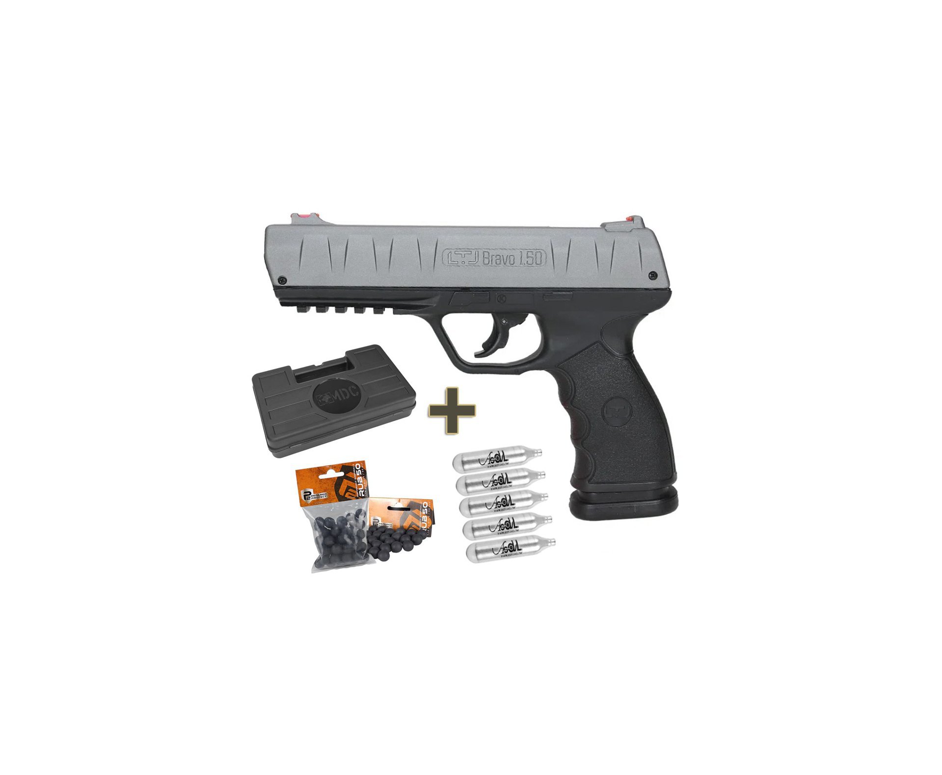 Pistola Pressão CO2 RAM LTL Bravo .50 Metal Slide 19 Joules + CO2 + Esfera de Borracha + Case