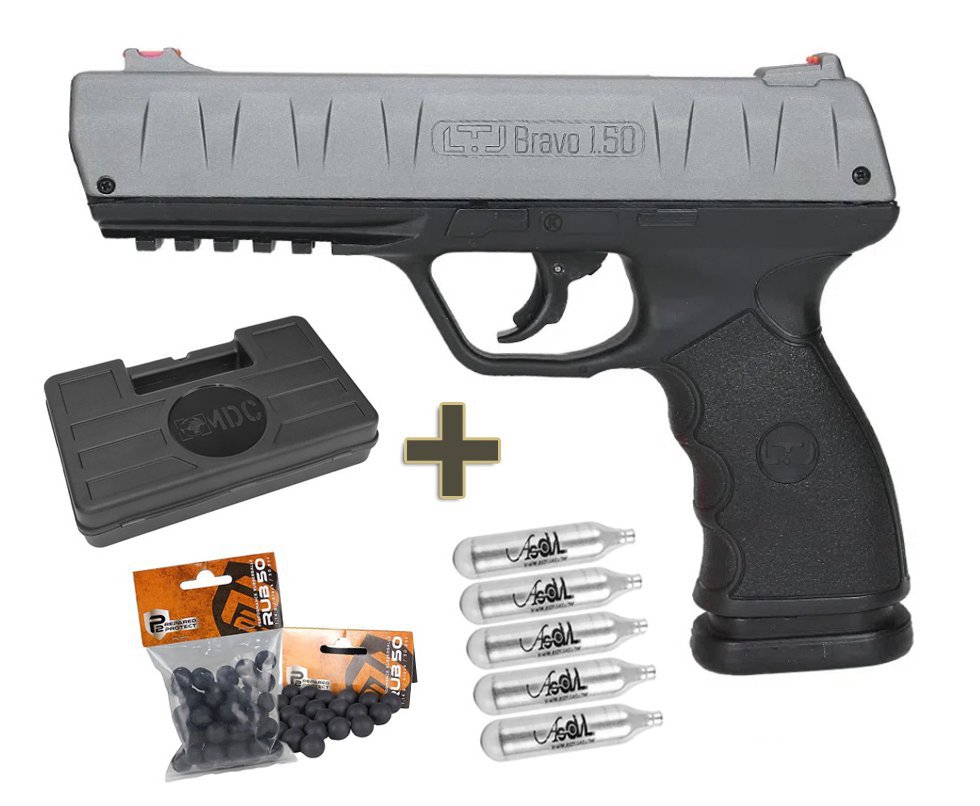 Pistola Pressão CO2 RAM LTL Bravo .50 Metal Slide 19 Joules + CO2 + Esfera de Borracha + Case