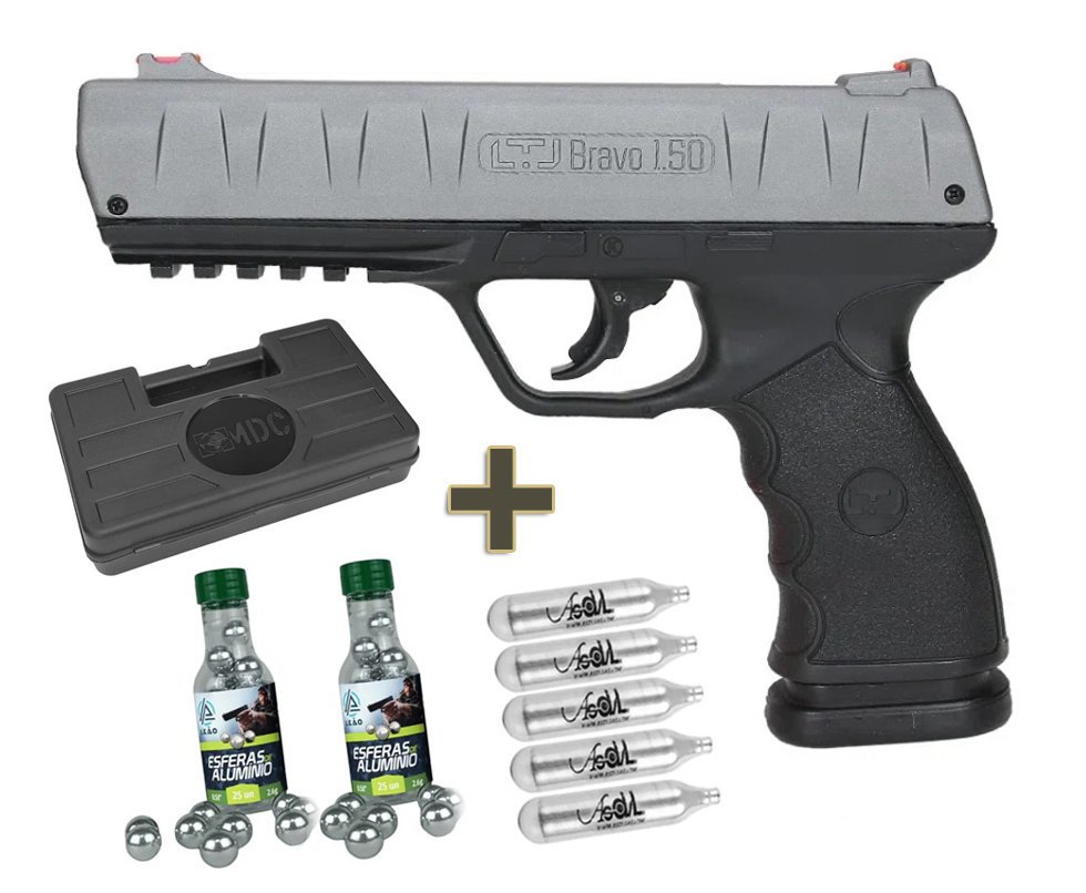 Pistola Pressão CO2 RAM LTL Bravo .50 Metal Slide 19 Joules + CO2 + Esfera de alumínio + Case
