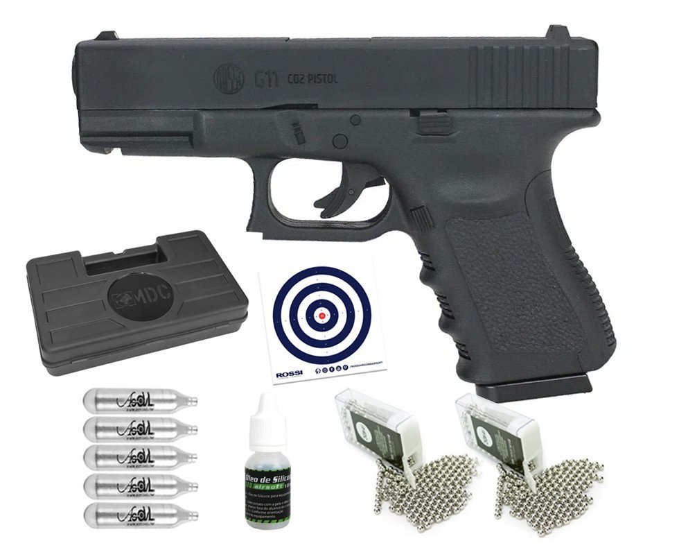 Pistola de Pressão Glock G11 Rossi 6,0mm G19 NBB + CO2 + BBs + Case+ Óleo de silicone + Alvos