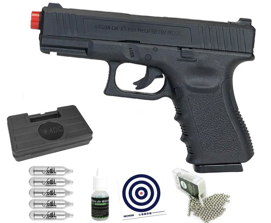 Pistola de Pressão Glock G11 CO2 Rossi 4.5mm G19 NBB + CO2 + BBs + Case + Óleo de silicone + Alvos