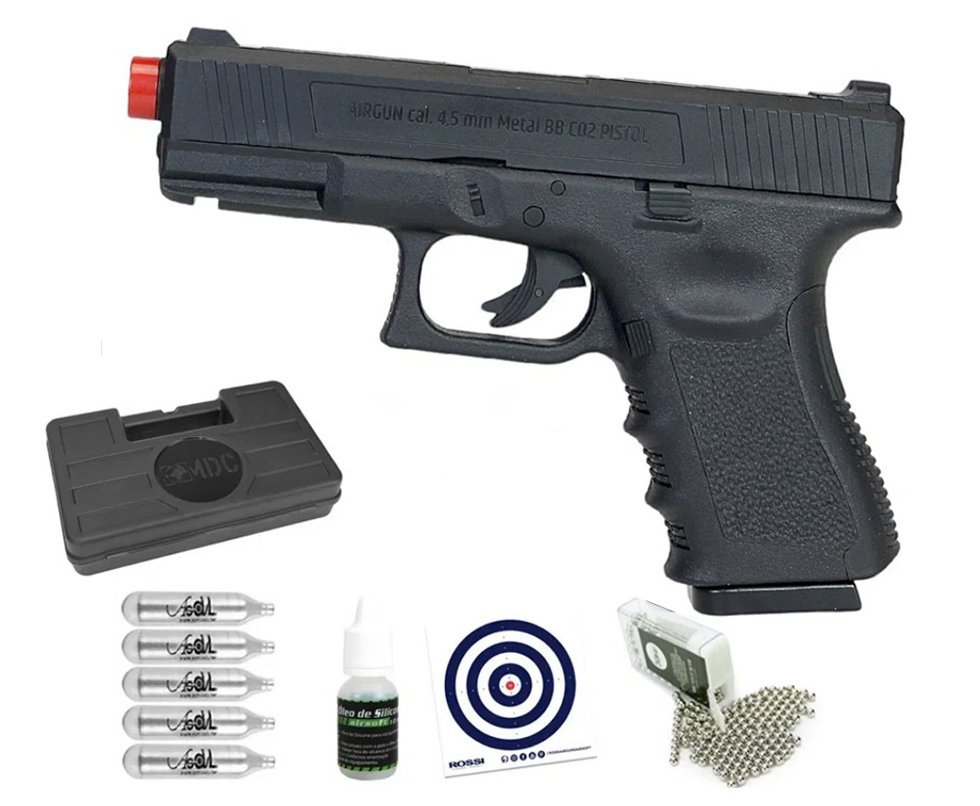 Pistola de Pressão Glock G11 CO2 Rossi 4.5mm G19 NBB + CO2 + BBs + Case + Óleo de silicone + Alvos