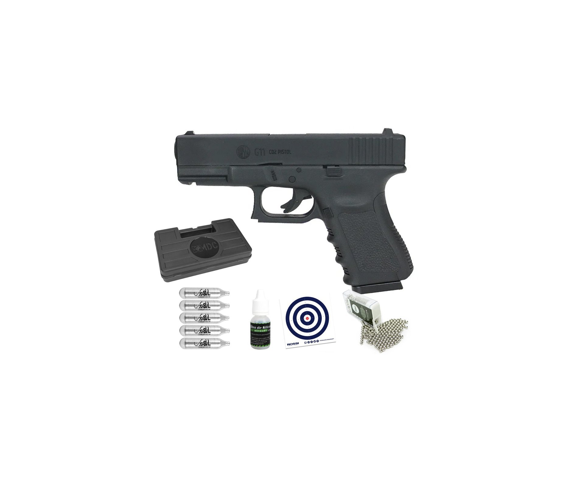 Pistola de Pressão Glock G11 Rossi 4.5mm G19 NBB + CO2 + BBs + Case + Óleo de silicone + Alvos