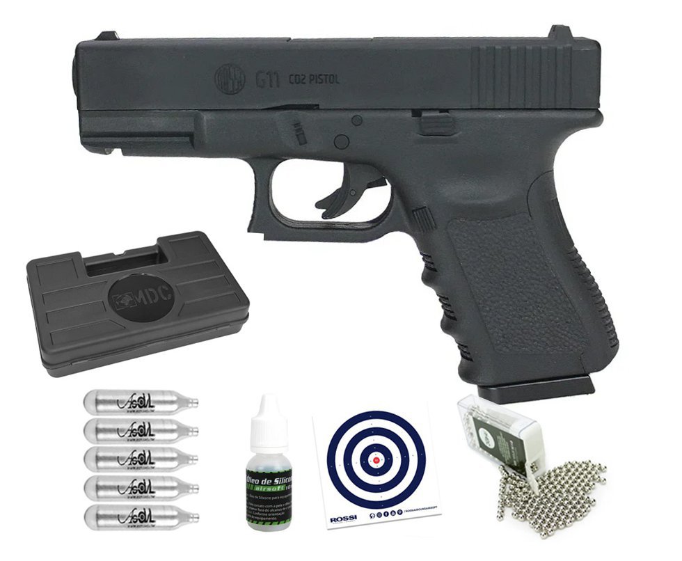 Pistola de Pressão Glock G11 Rossi 4.5mm G19 NBB + CO2 + BBs + Case + Óleo de silicone + Alvos