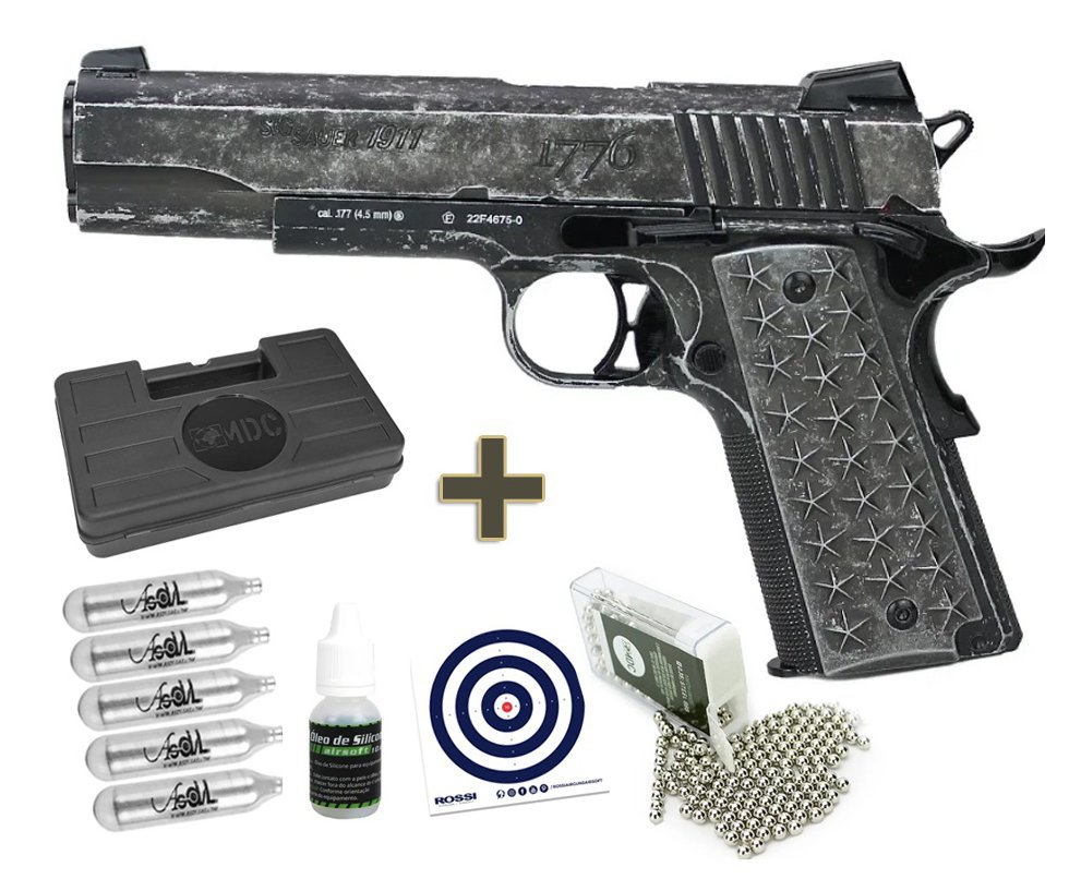 Pistola de Pressão CO2 Sig Sauer 1911 Blowback WE Full Metal 4.5mm Licenciada + CO2 + Esfera de aço + Case + Óleo de silicone + Alvos