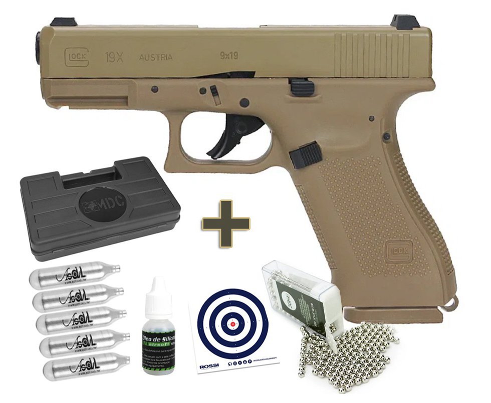 Pistola de Pressão CO2 Glock G19X Gen5 Coyote BB 4,5 Blowback - Licenciada + CO2 + Esfera de aço + Case + Óleo de silicone + Alvos