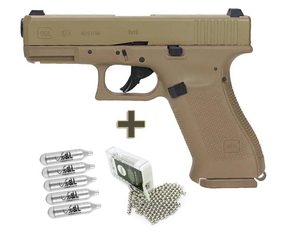 Pistola de Pressão CO2 Glock G19X Gen5 Coyote BB 4,5 Blowback - Licenciada + CO2 + Esfera de aço
