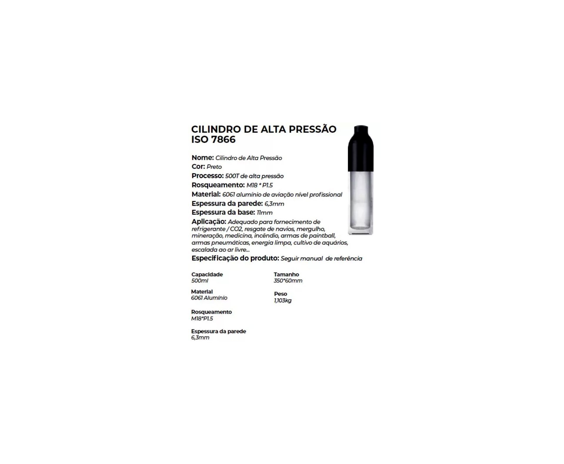 Cilindro 0,5L PCP 300 Bar Aluminio - Rossi