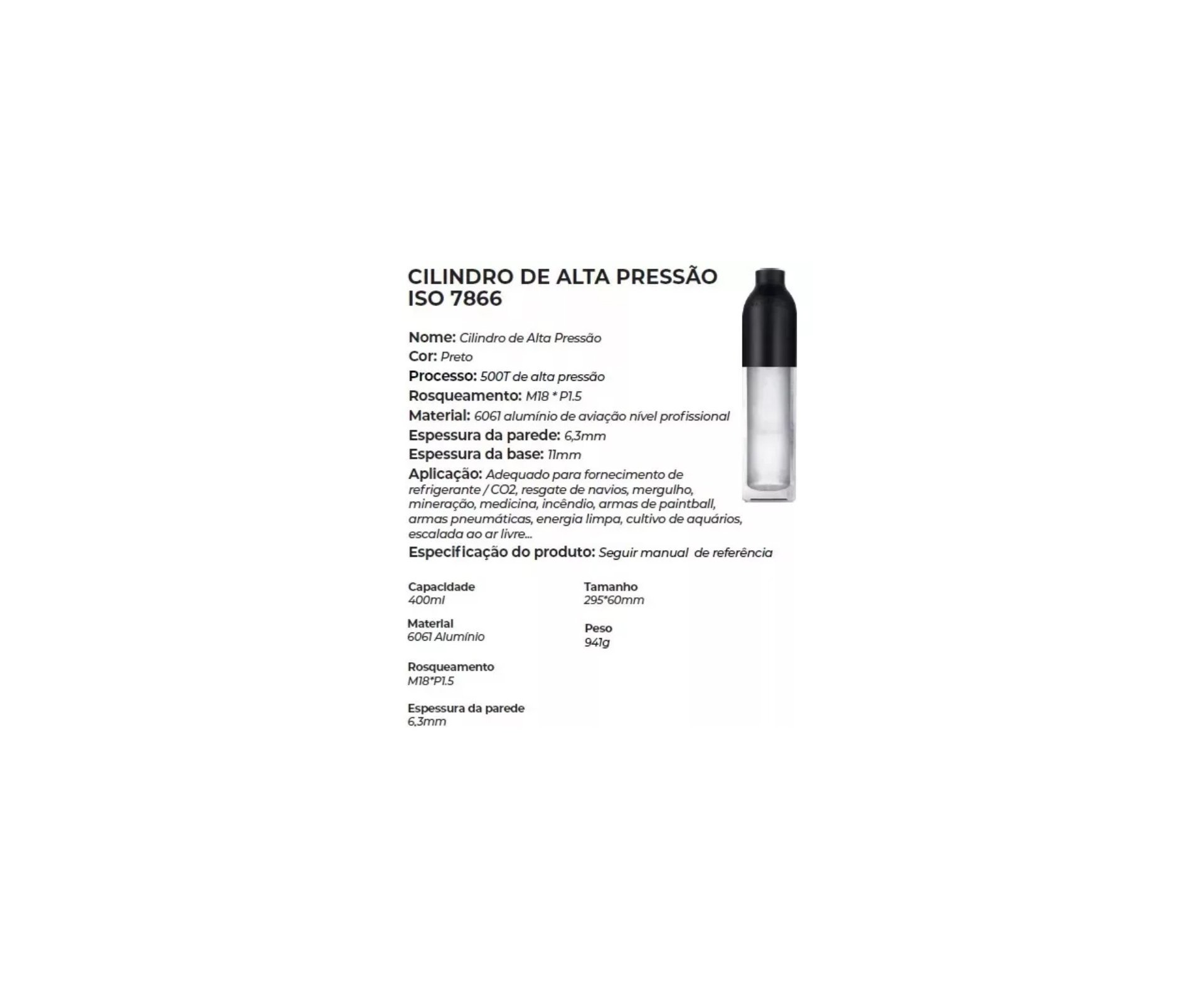 Cilindro 0,4L PCP 300 Bar Aluminio - Rossi