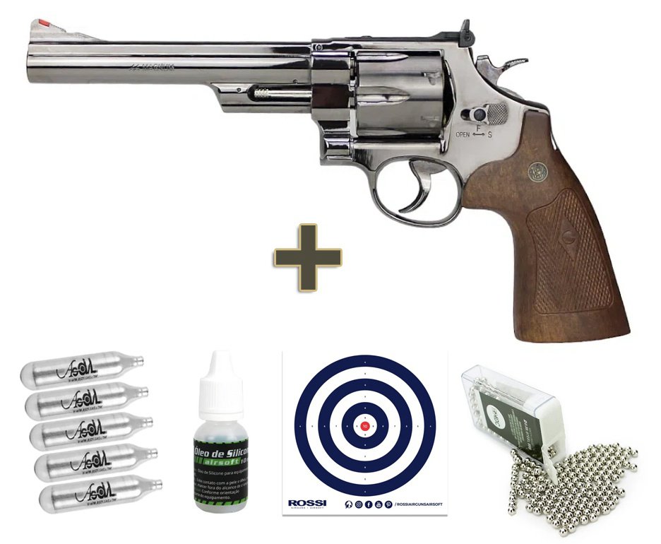 Revolver de Pressão CO2 Smith & Wesson 6,5" 44 Magnum M29 4,5 FullMetal Licenciado + Co2 + Esfera de aço + Óleo de silicone + Alvos