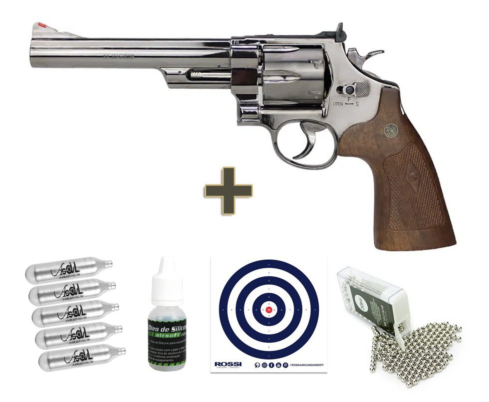 Revolver de Pressão CO2 Smith & Wesson 6,5" 44 Magnum M29 4,5 FullMetal Licenciado + Co2 + Esfera de aço + Óleo de silicone + Alvos