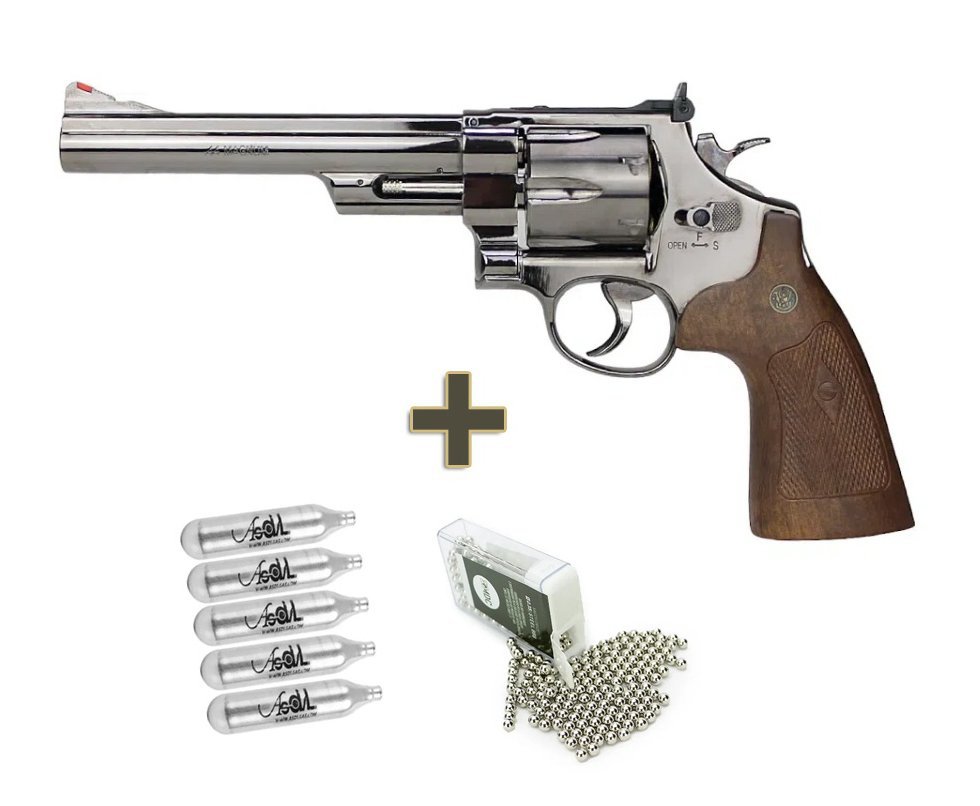 Revolver de Pressão CO2 Smith & Wesson 6,5" 44 Magnum M29 4,5 FullMetal Licenciado + Co2 + Esfera de aço