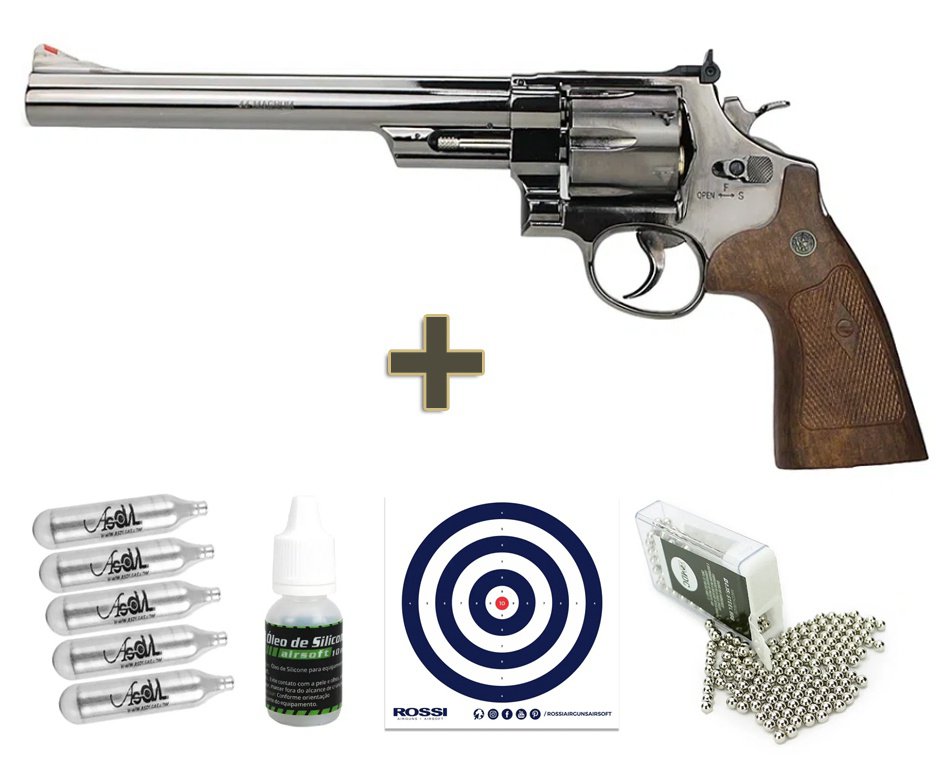 Revolver de Pressão CO2 Smith & Wesson 8" 44 Magnum M29 4,5 Full Metal Licenciado + CO2 + Esfera de aço + Óleo de silicone + Alvos