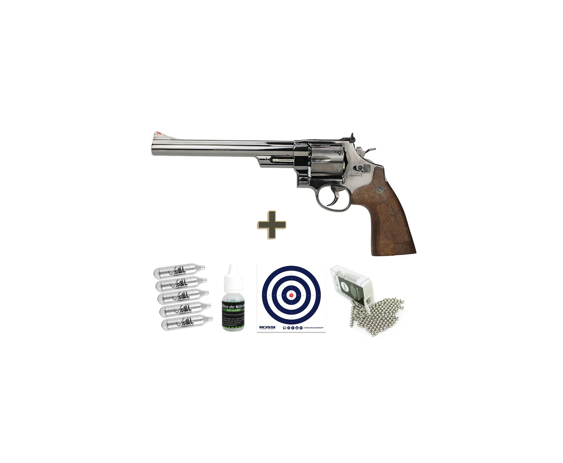 Revolver de Pressão CO2 Smith & Wesson 8" 44 Magnum M29 4,5 Full Metal Licenciado + CO2 + Esfera de aço + Óleo de silicone + Alvos