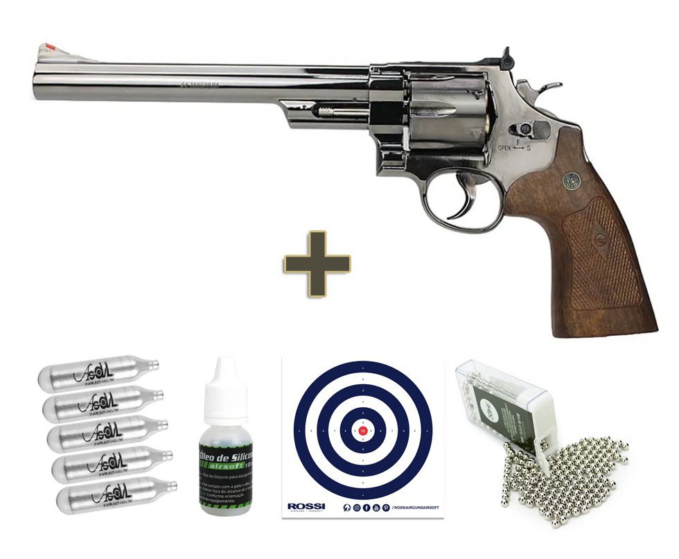 Revolver de Pressão CO2 Smith & Wesson 8" 44 Magnum M29 4,5 Full Metal Licenciado + CO2 + Esfera de aço + Óleo de silicone + Alvos