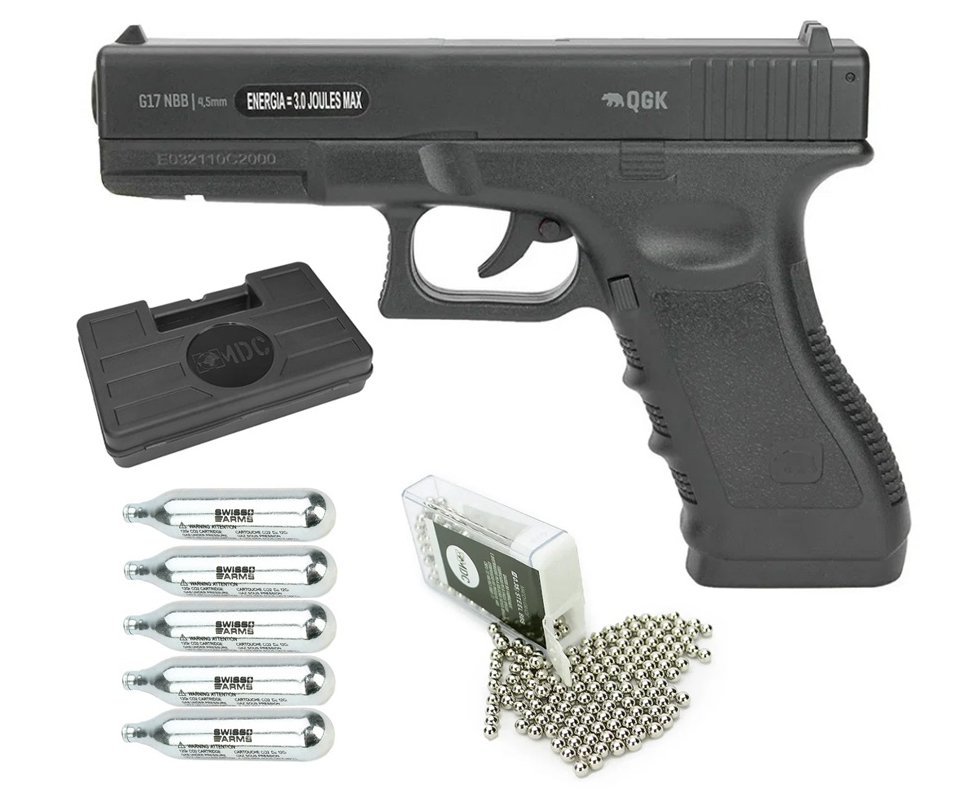 Pistola de Pressão Gás CO2 Glock G17 4,5 QGK + BBs + Co2 + Óleo + Case