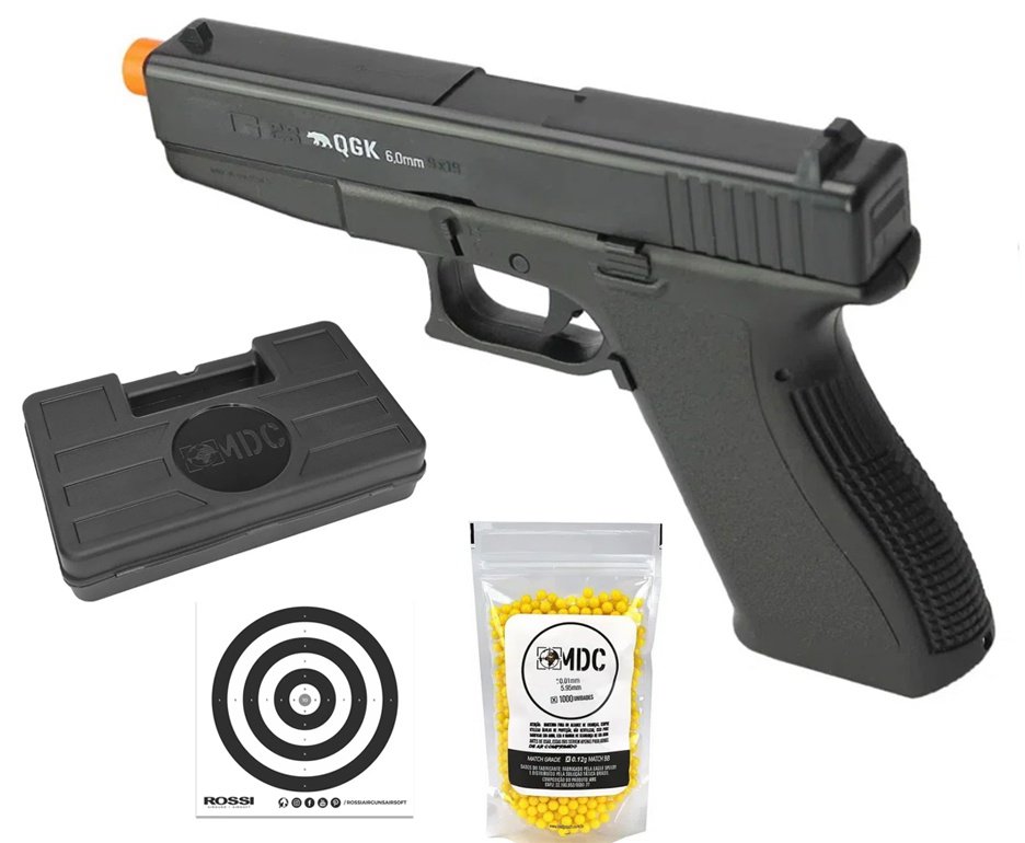 Pistola de Airsoft Glock G23 Spring 6mm - QGK + Case Rigido + BBs + Alvos