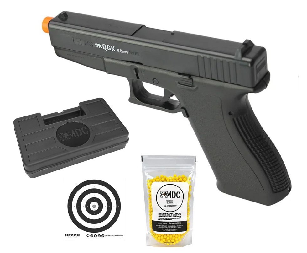 Pistola de Airsoft Glock G23 Spring 6mm - QGK + Case Rigido + BBs + Alvos