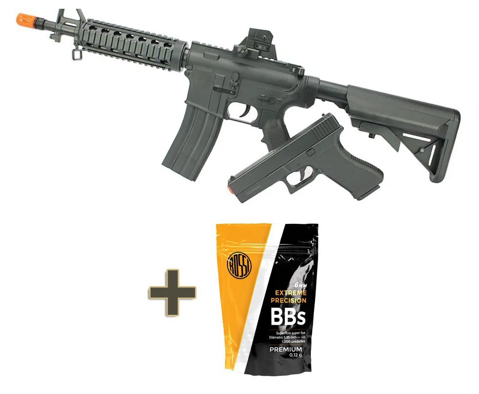 Kit Rifle M4 E Pistola V307 De Airsoft Vigor Vg Spring Rossi 6mm + BBS
