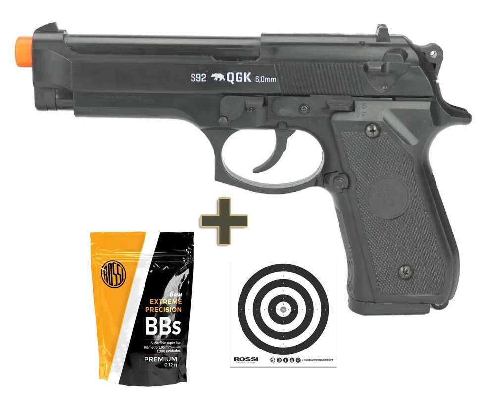 Pistola de Airsoft Beretta M92 S92 Spring 6mm QGK + BBs + Alvos