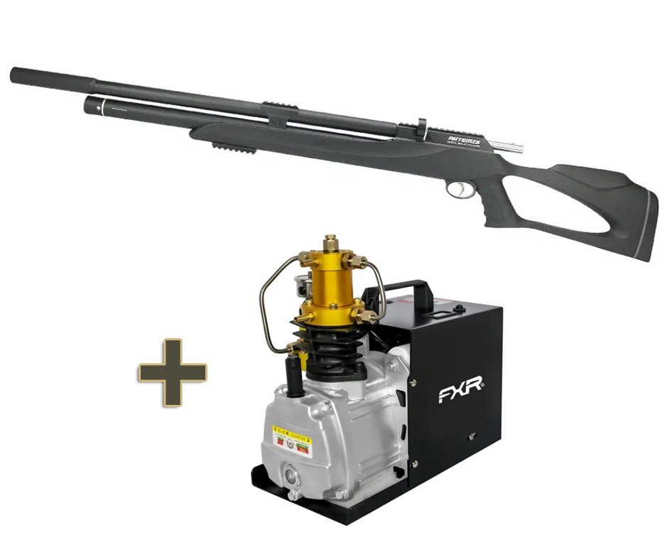 Carabina de Pressão PCP M25 Thunder Black 6.35mm .25 Artemis FXR + Compressor para PCP e Cilindros de Scuba até 4500PSI 300Bar 30MPA 110V - FXR Arms