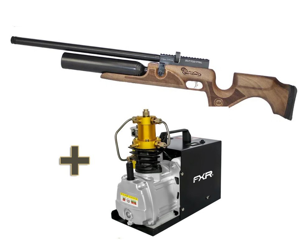 Carabina De Pressão Kral Arms Pcp Puncher Bighorn Madeira 07 Tiros 9mm + Compressor para PCP e Cilindros de Scuba até 4500PSI 300Bar 30MPA 110V - FXR Arms