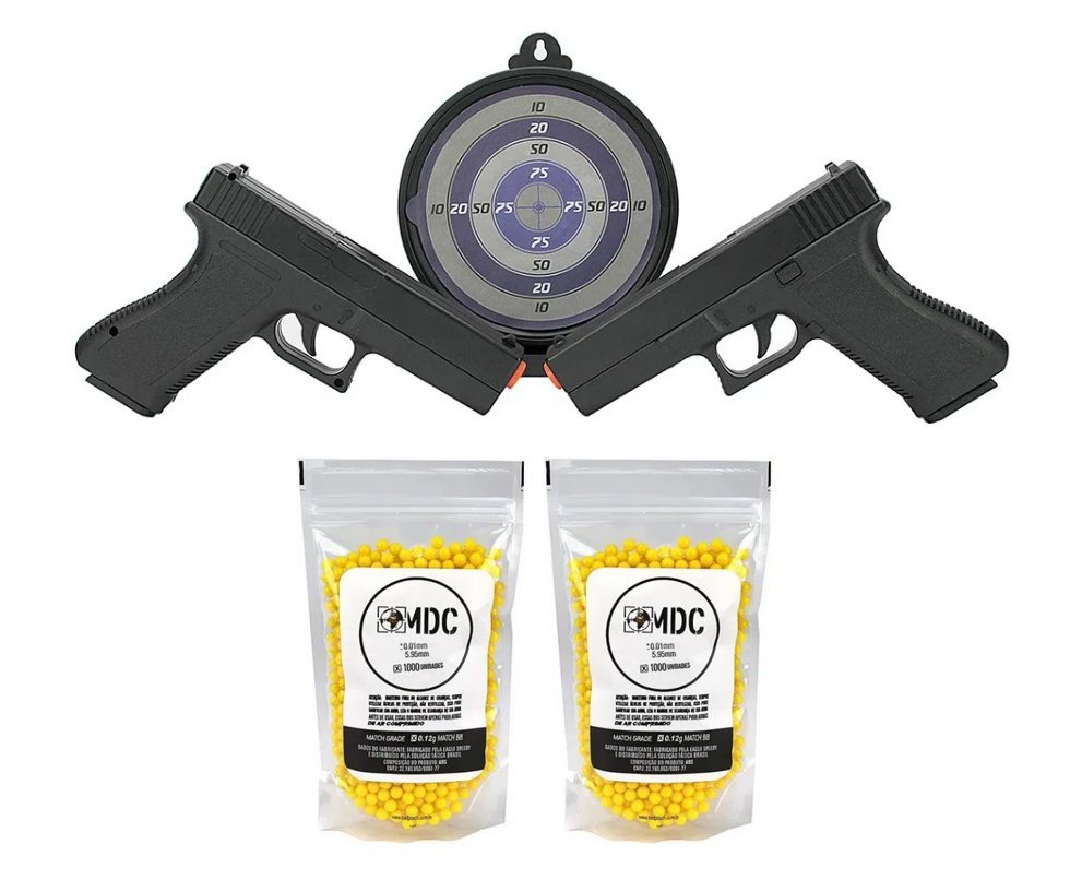 Kit Duelo 02 Pistolas Airsoft Spring Glock GK-V307 com Alvo Gel 6mm Rossi VG + BBs