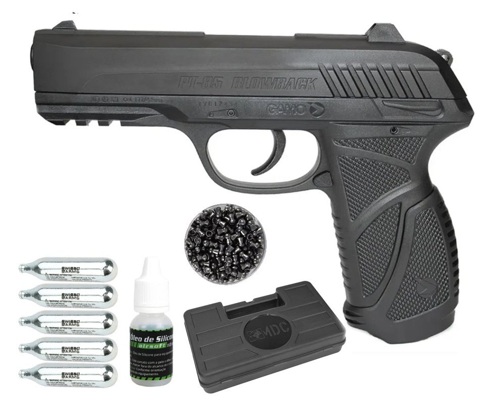 Pistola De Pressão Gamo Co2 Pt-85 Blowback Slide Metal 4.5mm + Co2 + Chumbinho + Case + Óleo de silicone