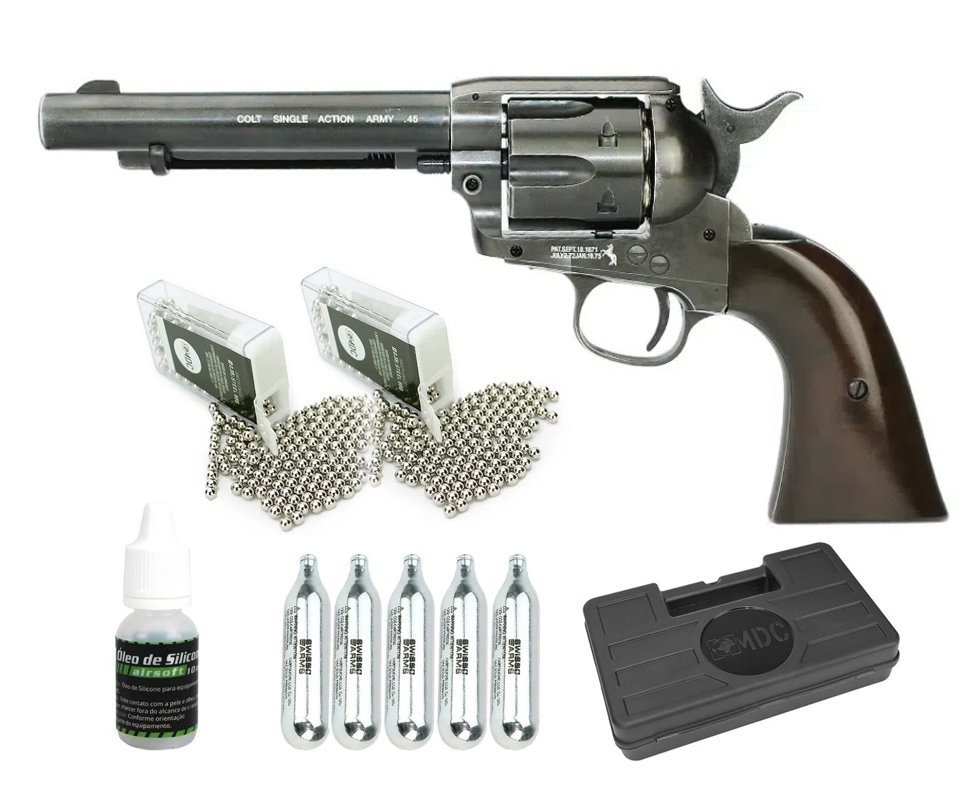 Revólver De Pressão Co2 Colt 45 Saa Faroeste Full Metal Cal 4,5mm + Co2 + Esfera de aço + Case + Óleo de silicone