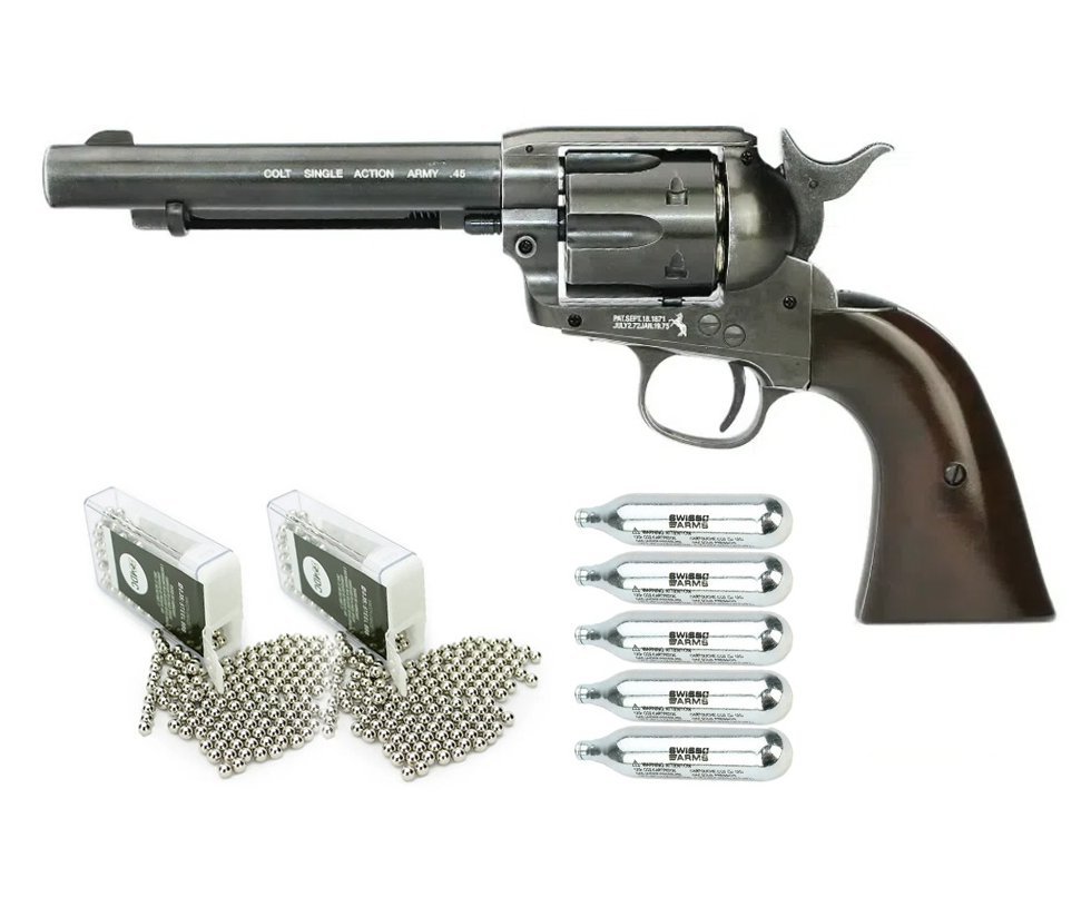 Revólver De Pressão Co2 Colt 45 Saa Faroeste Full Metal Cal 4,5mm + Co2 + Esfera de aço