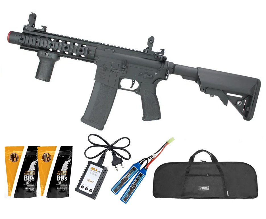Rifle de Airsoft AEG M4 RIS Silencer SA-E05 RRA Black E-Series - Specna Arms + Bateria + Carregador + BBs + Capa