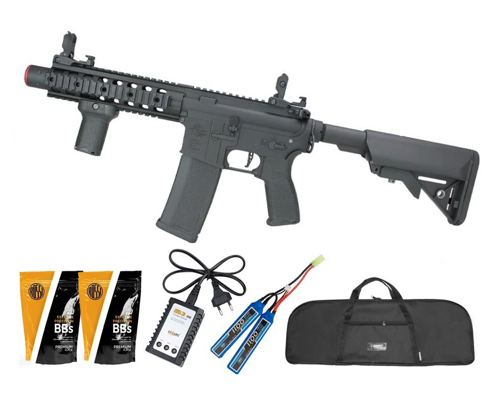 Rifle de Airsoft AEG M4 RIS Silencer SA-E05 RRA Black E-Series - Specna Arms + Bateria + Carregador + BBs + Capa