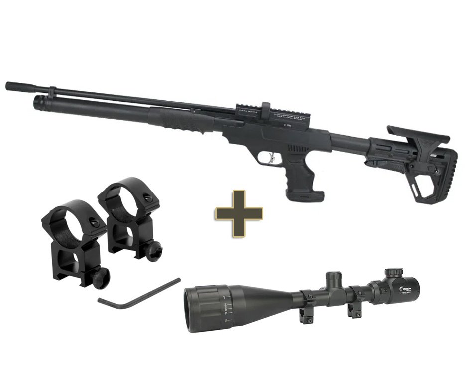 Carabina de Pressão PCP Puncher Rambo S. Black 5.5mm - Kral Arms + Bomba + Luneta 4-16x50 + Mount 22