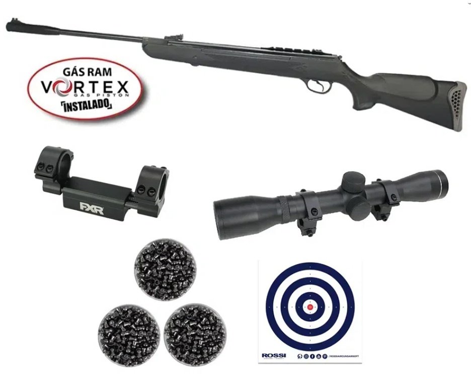 Carabina de Pressão Hatsan HT 125 Gas Ram Vortex 6.35mm Rossi + Luneta 4x32 + Mount Anti impacto + Alvos + 3 Caixas de Chumbinho