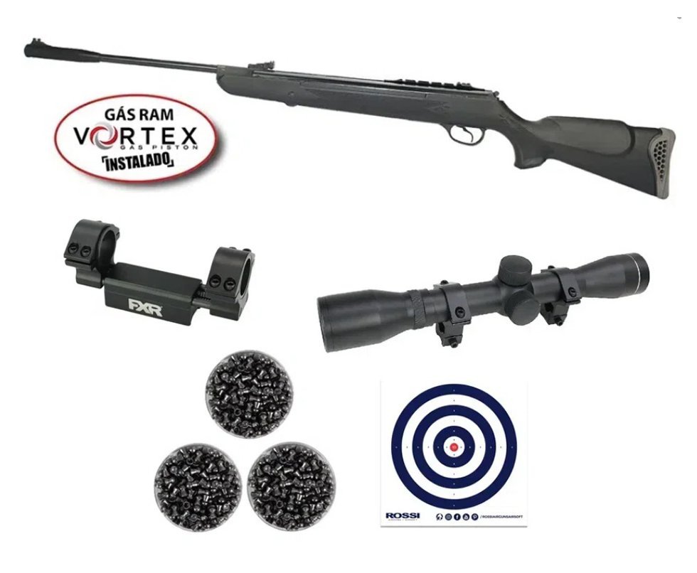 Carabina de Pressão Hatsan HT 125 Gas Ram Vortex 6.35mm Rossi + Luneta 4x32 + Mount Anti impacto + Alvos + 3 Caixas de Chumbinho